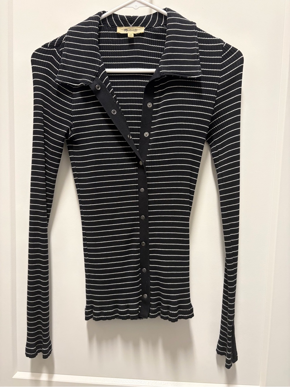 Madewell Snap Front Black & White Striped Ribbed Top XS